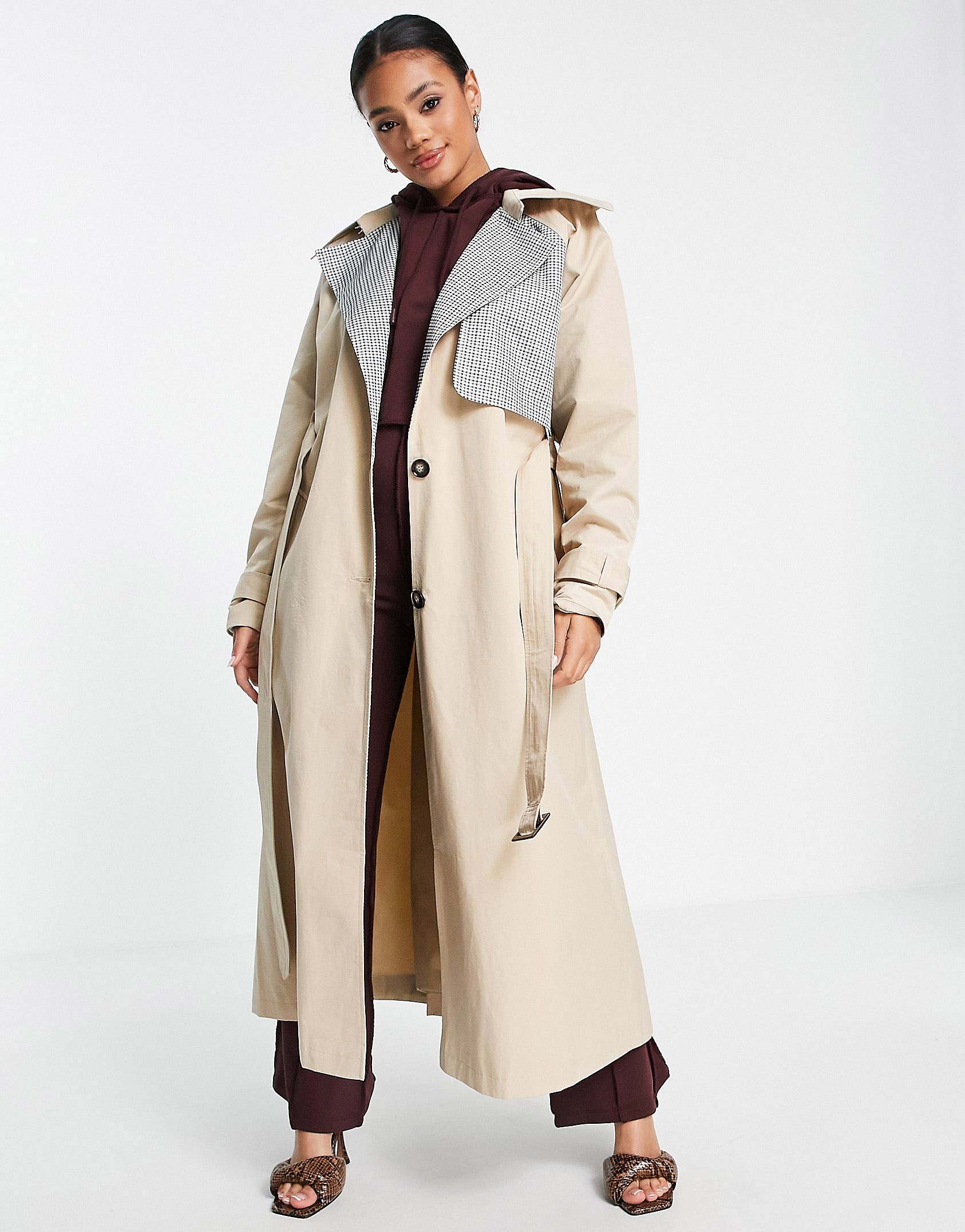 Stone trench coat with plaid lining from ASYOU.