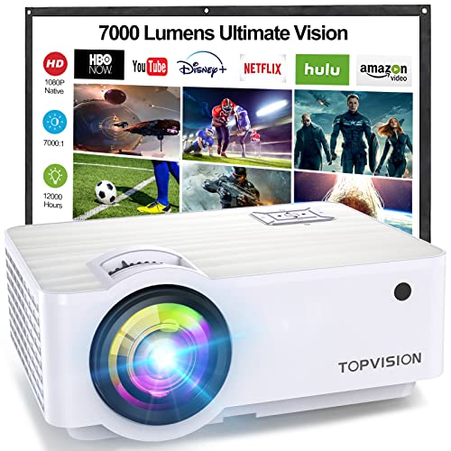 TOPVISION 7000 Lumens Home Theater Projector, 1080P Native Mini Portable Projector, 120000 Hours Full HD 1080P LCD Projector with Max 300 Display",Compatible with HDMI/VGA/USB/AV/SD