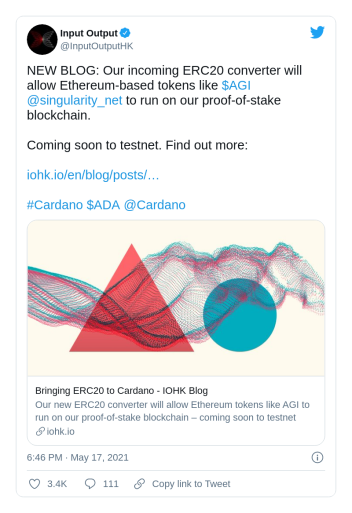 The release of the converter, Cardano's parent company IOHK announces an Ethereum ERC20 token converter is on its way