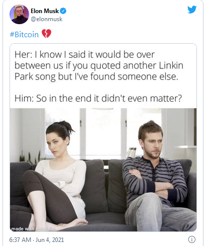 Bitcoin Falls After Elon Musk Tweets Breakup Meme